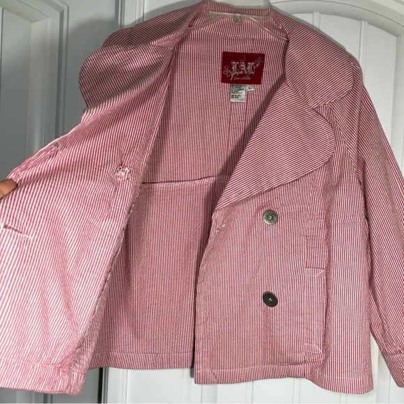 LAL Live A Little Cotton Blend Red / White Stripe Button Front Blazer Jacket L - Picture 5 of 12